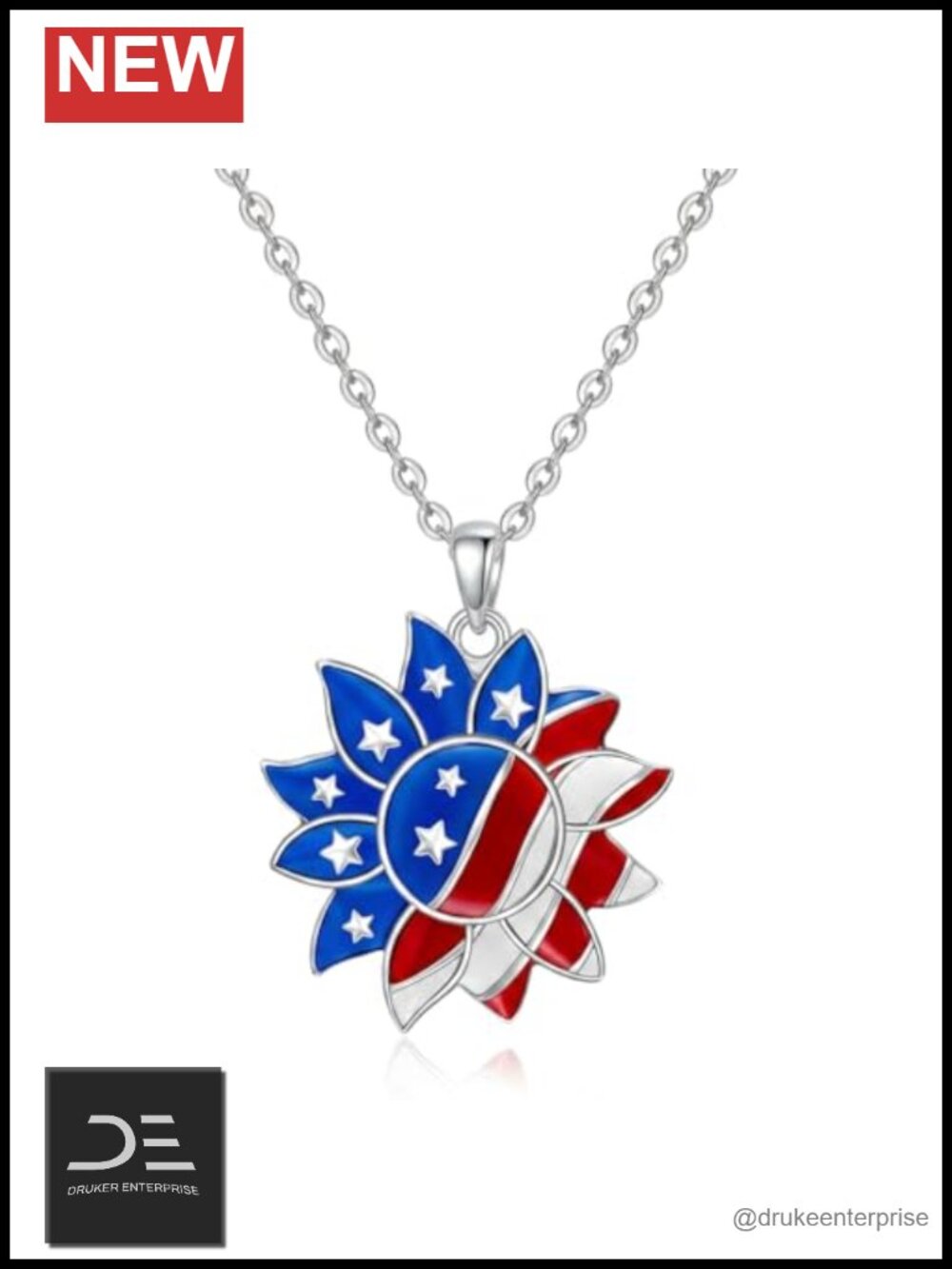 925 Sterling Silver American Flag Sunflower Pendant Necklace Patriotic Jewelry